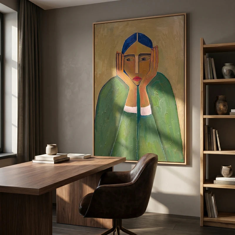Contemplative Woman Portrait Wall Art – Green Expressionist Painting#yy825002