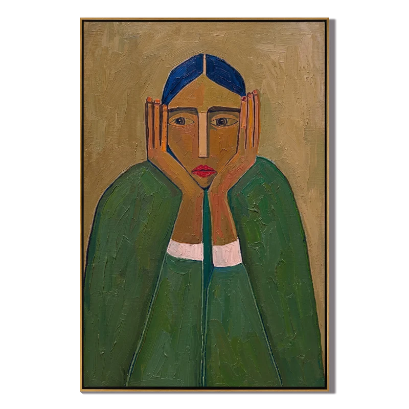 Contemplative Woman Portrait Wall Art – Green Expressionist Painting#yy825002