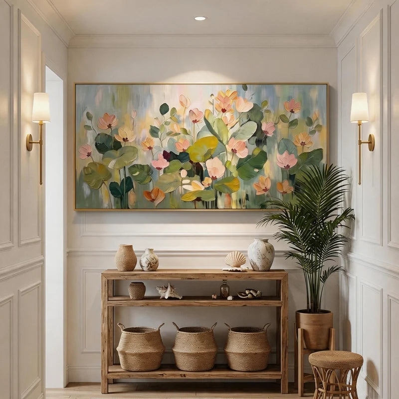 Pink Lotus Garden Wall Art – Green Botanical Painting#yy825006