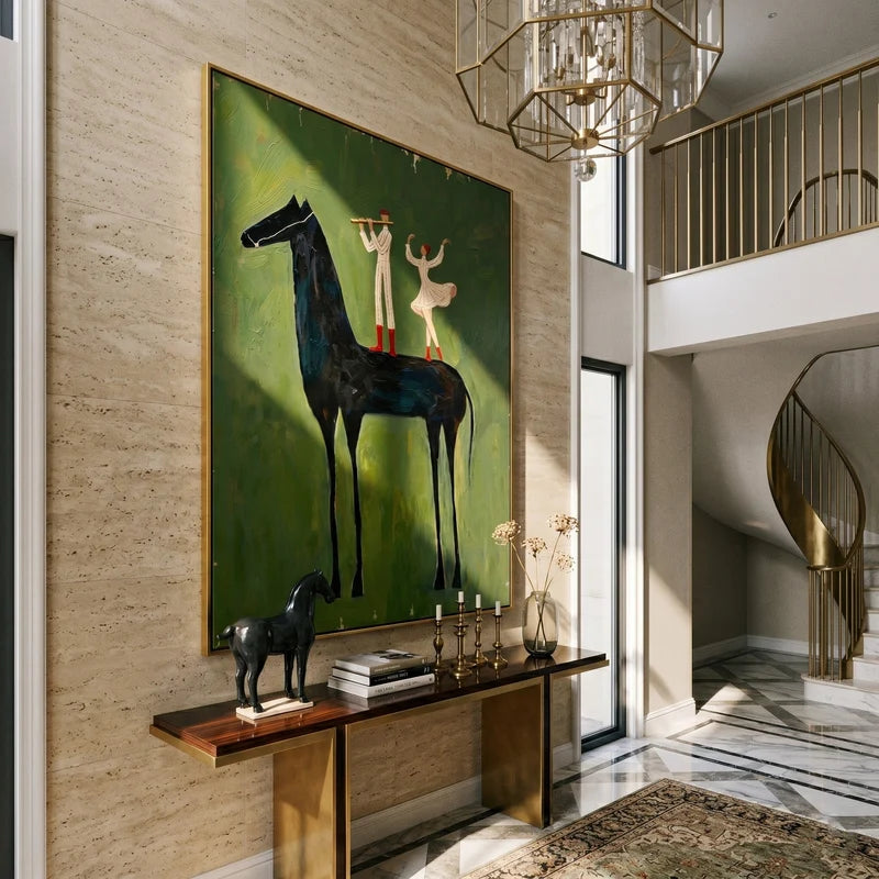 Music and Dance Black Horse Wall Art – Whimsical Figurative Painting#yy825009