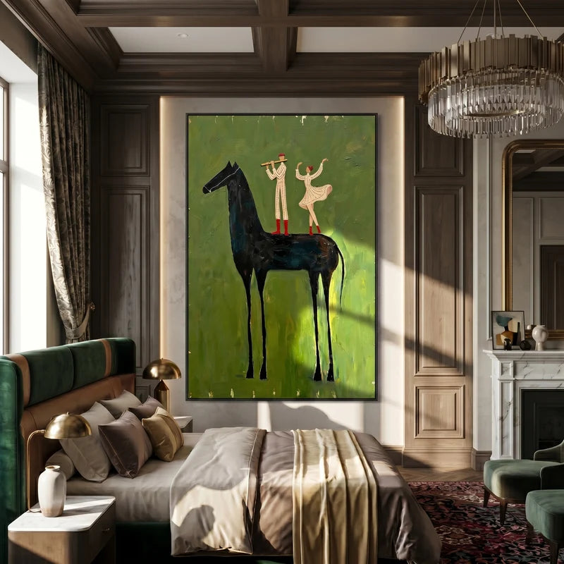 Music and Dance Black Horse Wall Art – Whimsical Figurative Painting#yy825009