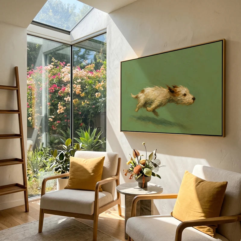 Running Dog Wall Art – Sage Green Animal Painting#yy825010