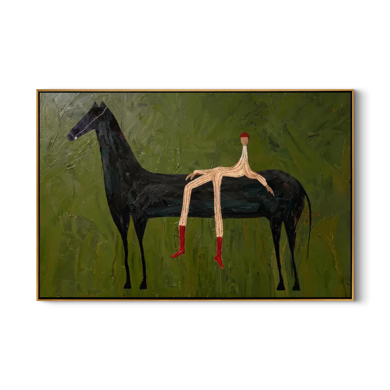 texture Red Boots Rider Black Horse Wall Art – Whimsical Equestrian Painting#yy825012