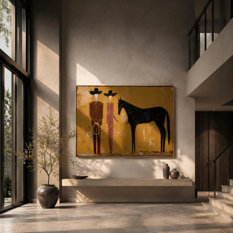 Cowboy Couple Black Horse Wall Art – Modern Western Painting#yy825014