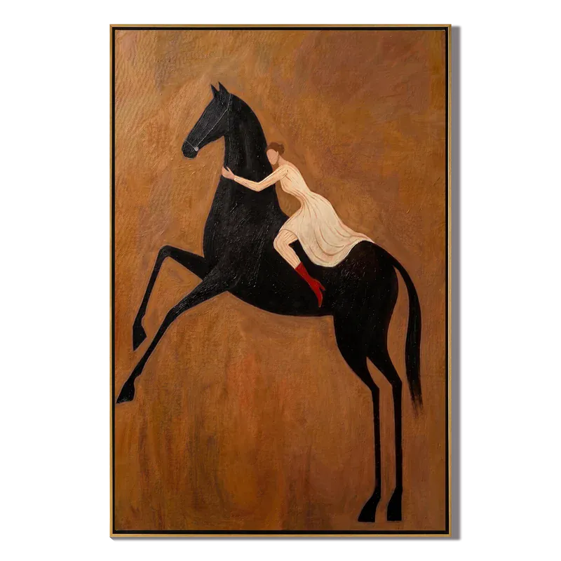 Woman Riding Black Horse Wall Art – Red Boots Equestrian Painting#yy825018