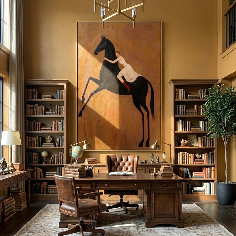 Woman Riding Black Horse Wall Art – Red Boots Equestrian Painting#yy825018