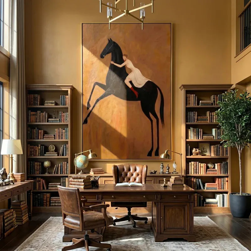 Woman Riding Black Horse Wall Art – Red Boots Equestrian Painting#yy825018