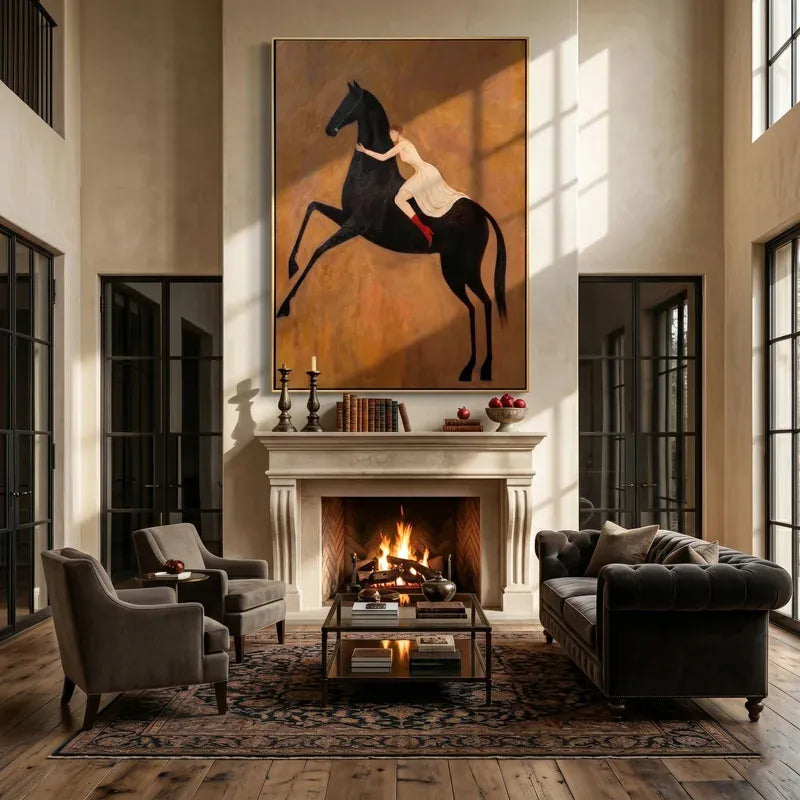 Woman Riding Black Horse Wall Art – Red Boots Equestrian Painting#yy825018