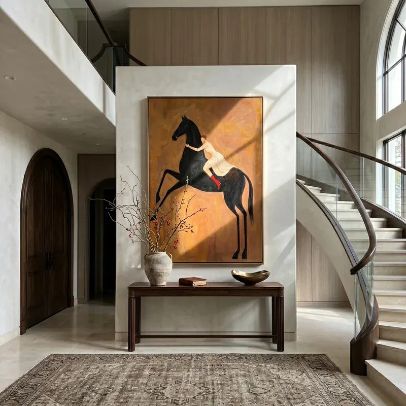 Woman Riding Black Horse Wall Art – Red Boots Equestrian Painting#yy825018