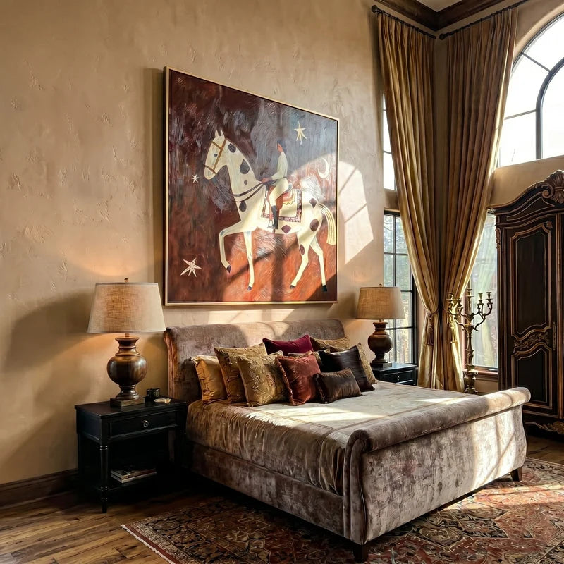 Celestial Horse Rider Wall Art – Moon and Stars Equestrian Painting#yy825020