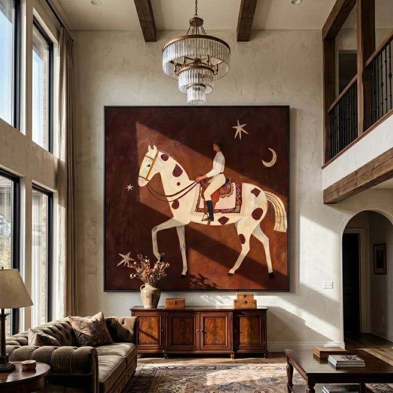 Celestial Horse Rider Wall Art – Moon and Stars Equestrian Painting#yy825020