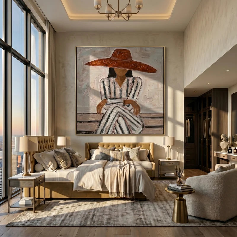 Wide Brim Hat Woman Wall Art – Neutral Striped Fashion Portrait#yy825027