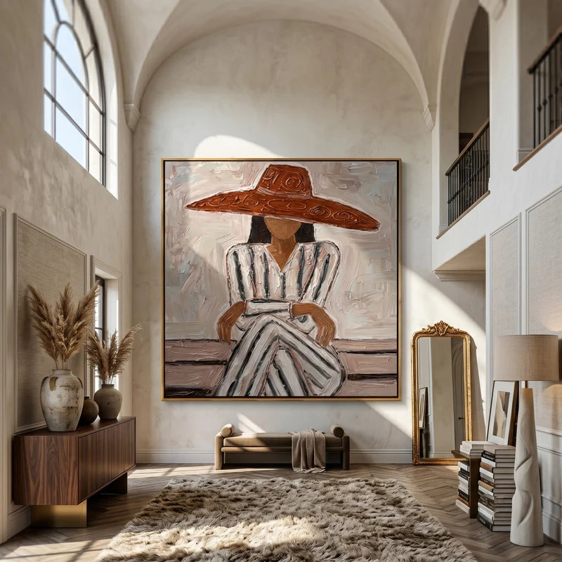 Wide Brim Hat Woman Wall Art – Neutral Striped Fashion Portrait#yy825027