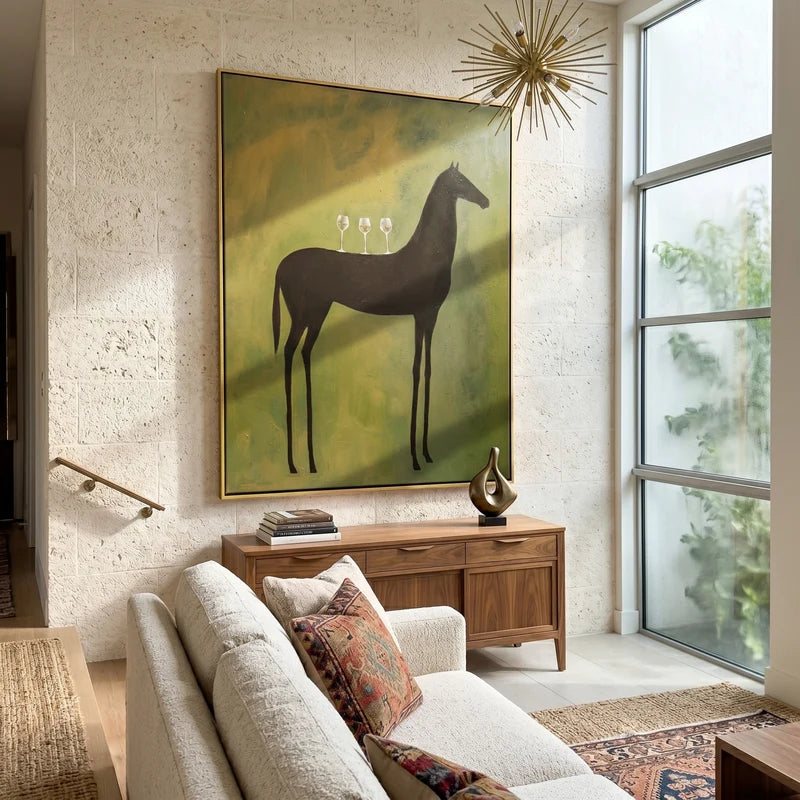 Black Horse Wine Glass Wall Art – Whimsical Bar Painting#yy825028