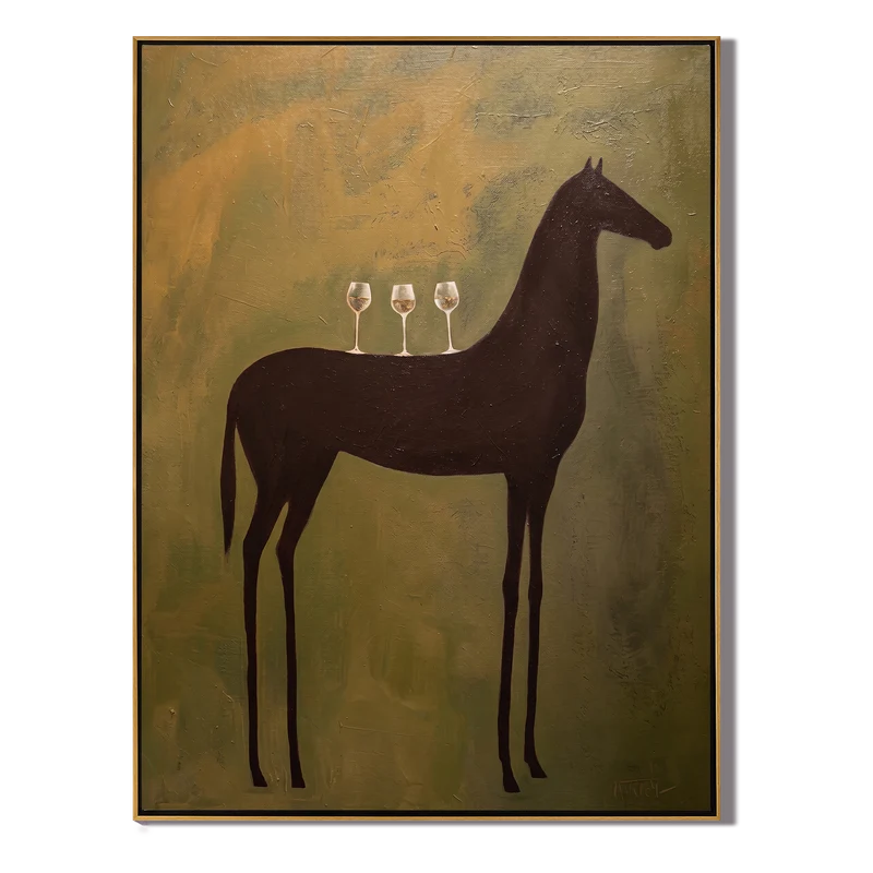 Black Horse Wine Glass Wall Art – Whimsical Bar Painting#yy825028
