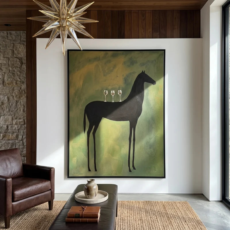 Black Horse Wine Glass Wall Art – Whimsical Bar Painting#yy825028