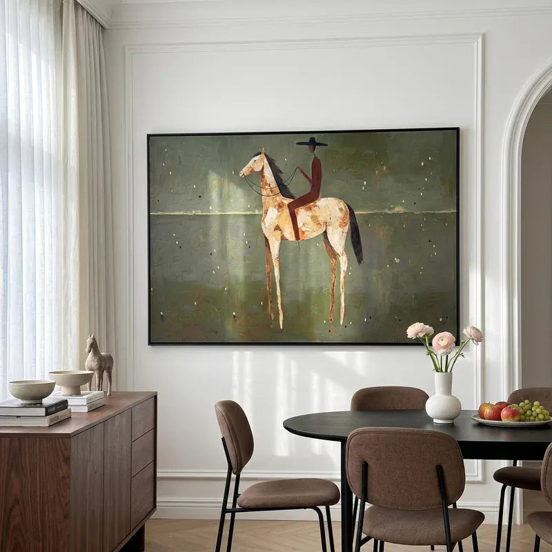 White Horse Rider Wall Art – Olive Green Western Painting#yy825029