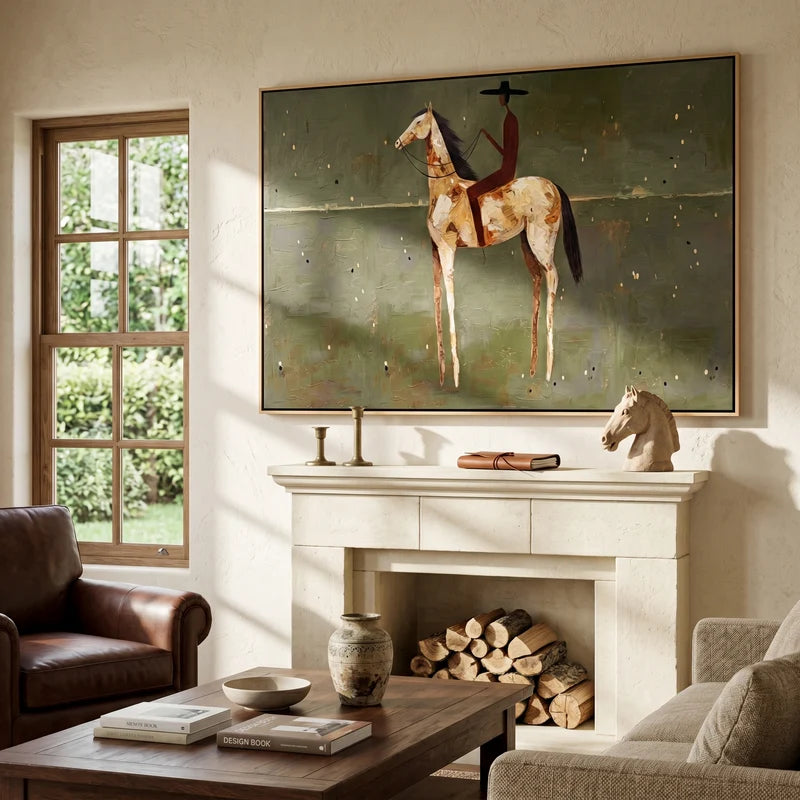 White Horse Rider Wall Art – Olive Green Western Painting#yy825029