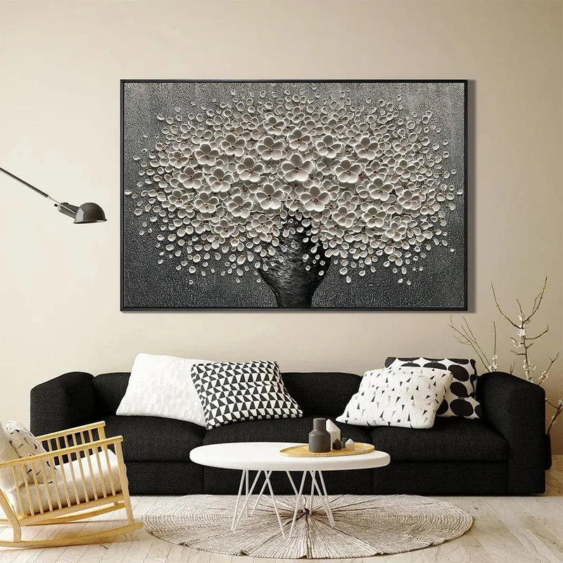 White Blossom Tree Wall Art – Black & Gray Floral Painting#yy825032