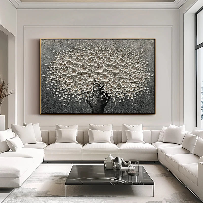 White Blossom Tree Wall Art – Black & Gray Floral Painting#yy825032