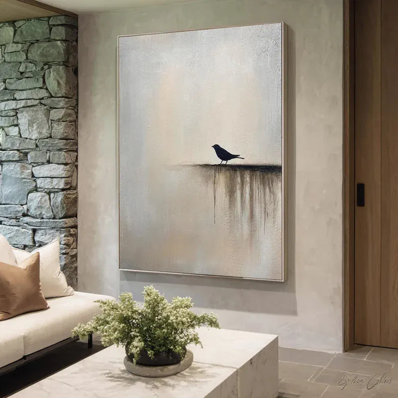texture Minimalist Black Bird Wall Art – Neutral Nature Painting#yy825036