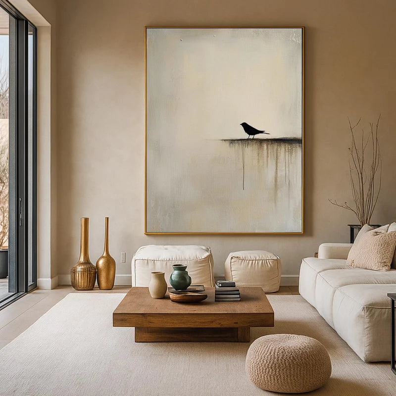 Minimalist Black Bird Wall Art – Neutral Nature Painting#yy825036