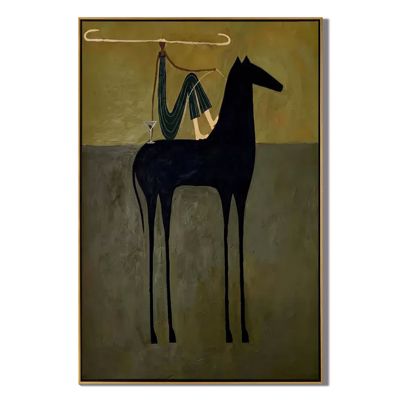 Longhorn Rider Black Horse Wall Art – Whimsical Western Painting#yy825038