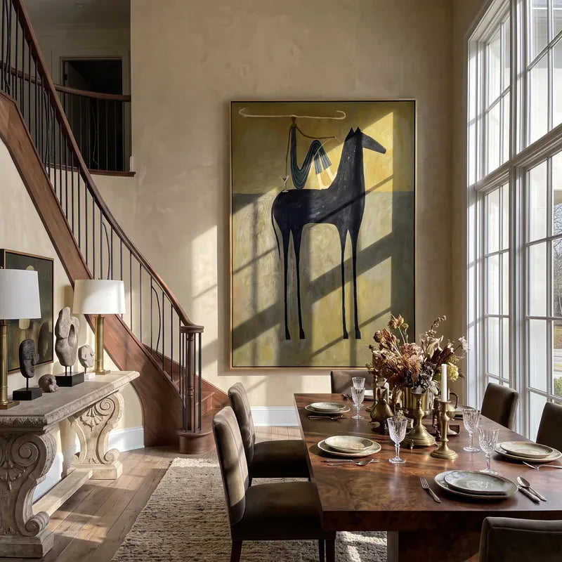 Longhorn Rider Black Horse Wall Art – Whimsical Western Painting#yy825038