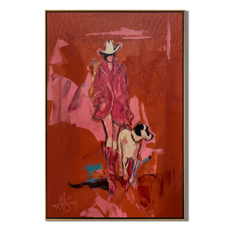 texture Red Cowgirl and Ranch Dog Wall Art – Modern Western Painting#yy825039