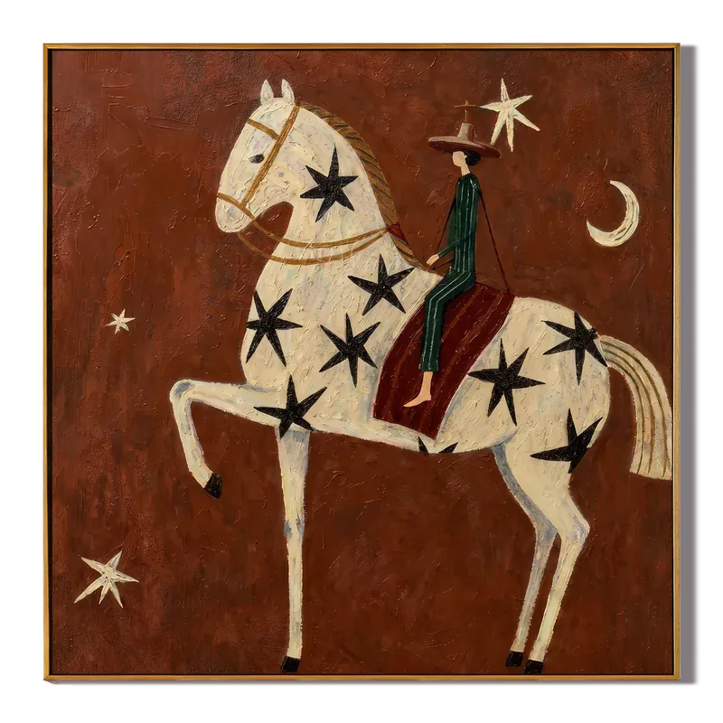 Starry White Horse Rider Wall Art – Celestial Western Painting#yy825040