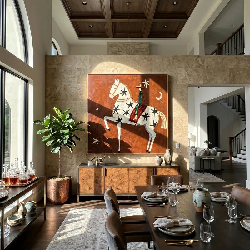 Starry White Horse Rider Wall Art – Celestial Western Painting#yy825040