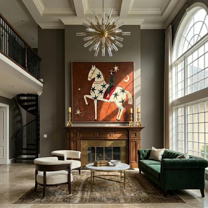 Starry White Horse Rider Wall Art – Celestial Western Painting#yy825040