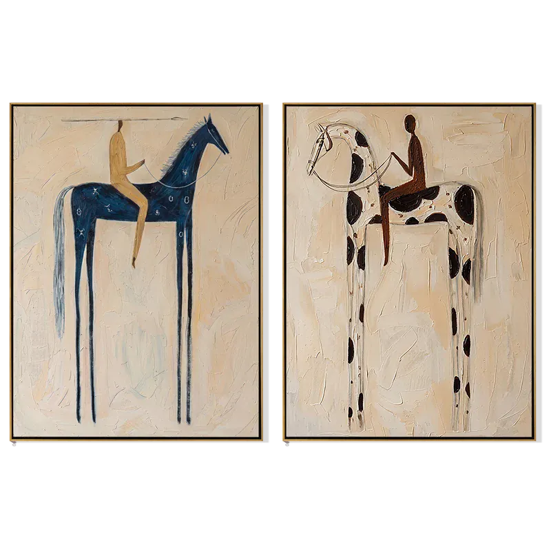 Horse and Rider Wall Art Set of 2 – Blue and Spotted Horses#yy825042