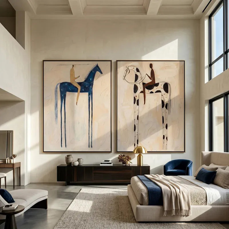 Horse and Rider Wall Art Set of 2 – Blue and Spotted Horses#yy825042