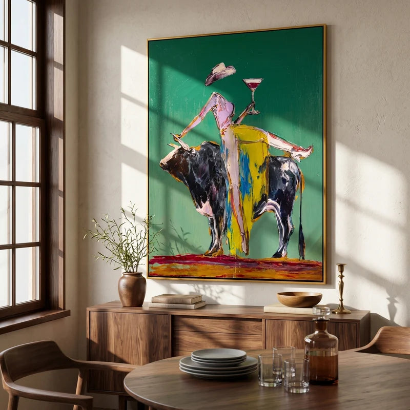 Cocktail Cowgirl on Bull Wall Art – Colorful Western Painting#yy825043