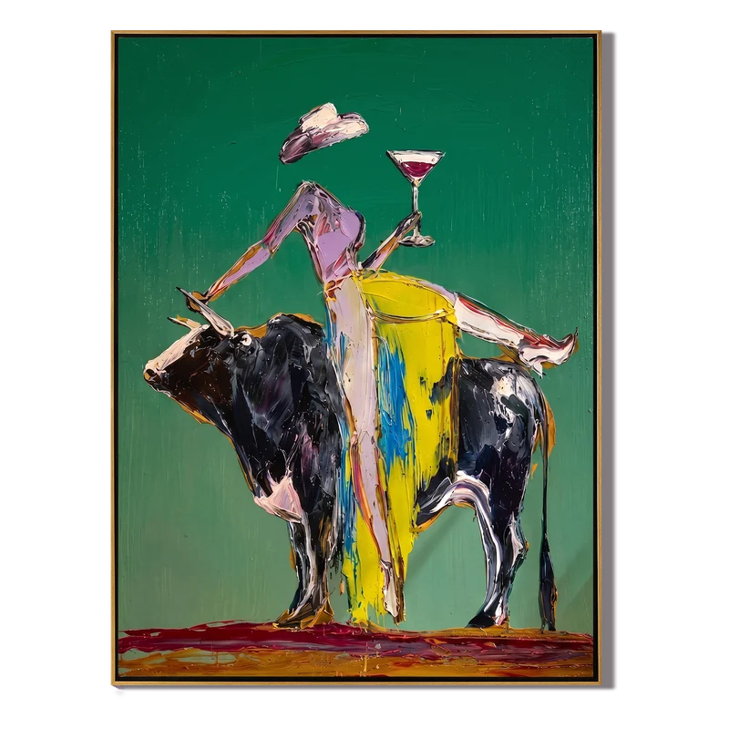 Cocktail Cowgirl on Bull Wall Art – Colorful Western Painting#yy825043