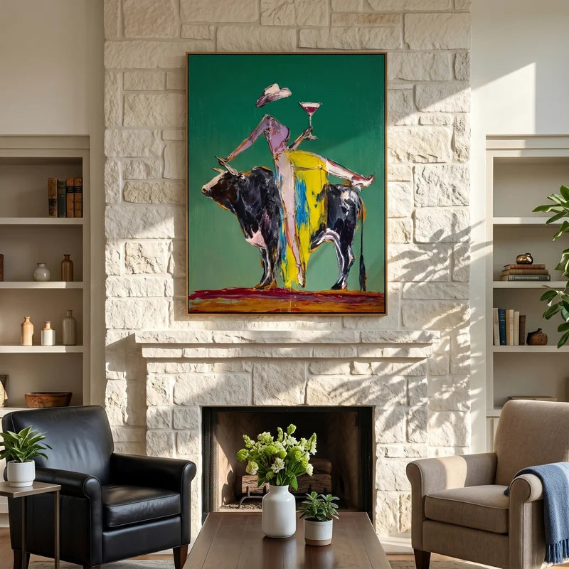 Cocktail Cowgirl on Bull Wall Art – Colorful Western Painting#yy825043