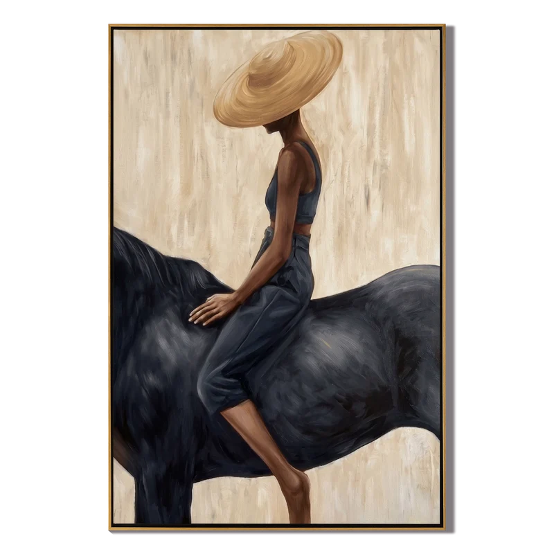 Woman on Black Horse Wall Art – Wide Brim Hat Equestrian Portrait#yy825044