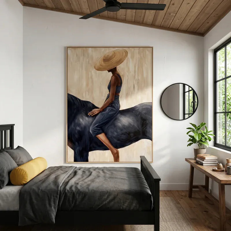 Woman on Black Horse Wall Art – Wide Brim Hat Equestrian Portrait#yy825044
