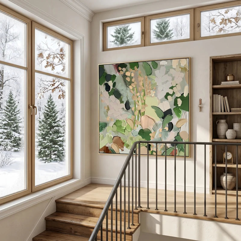 Sage & Cream Abstract Garden Wall Art – Square Botanical Painting#yy825050