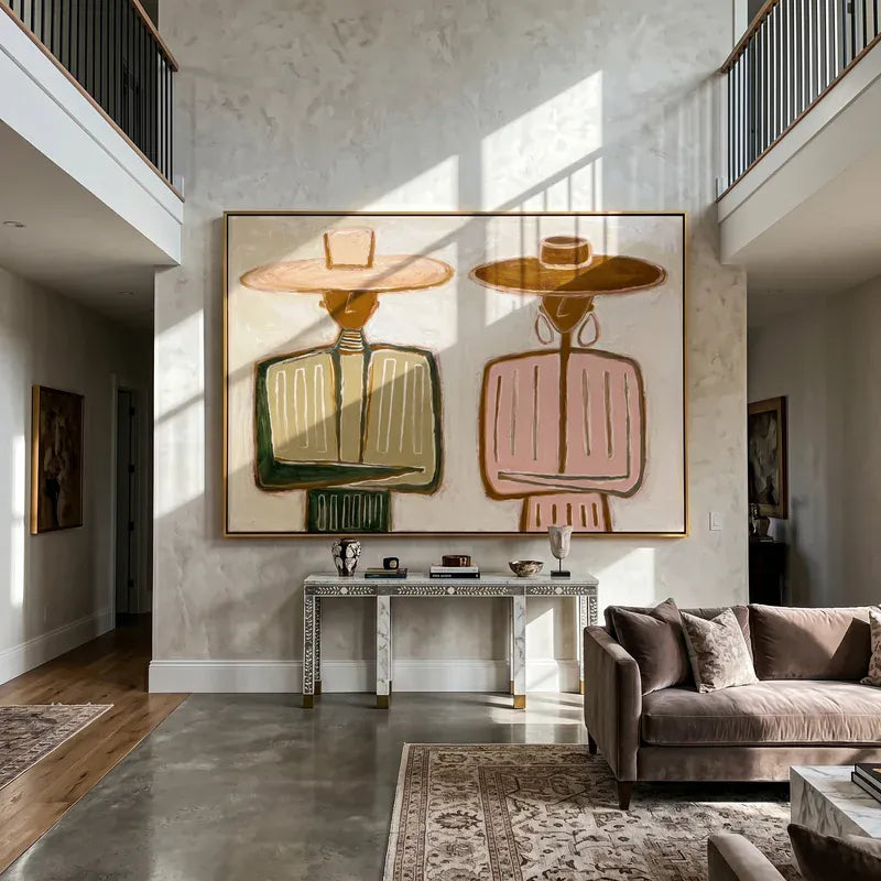Western Couple Wall Art – Pink & Green Folk Portrait#yy825055