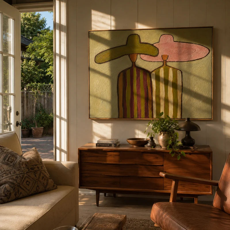 Oversized Hat Couple Wall Art – Pink & Olive Folk Portrait#yy825056