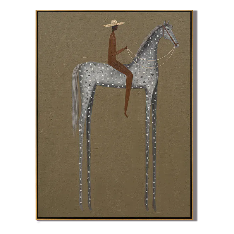 Gray Spotted Horse Rider Wall Art – Neutral Equestrian Painting#yy825058