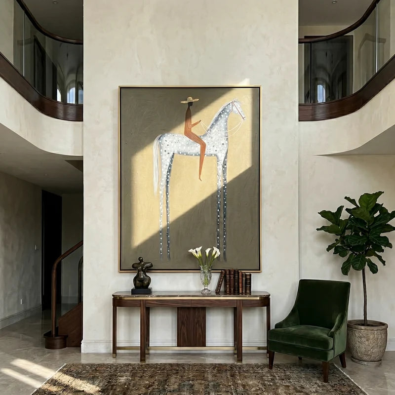 Gray Spotted Horse Rider Wall Art – Neutral Equestrian Painting#yy825058