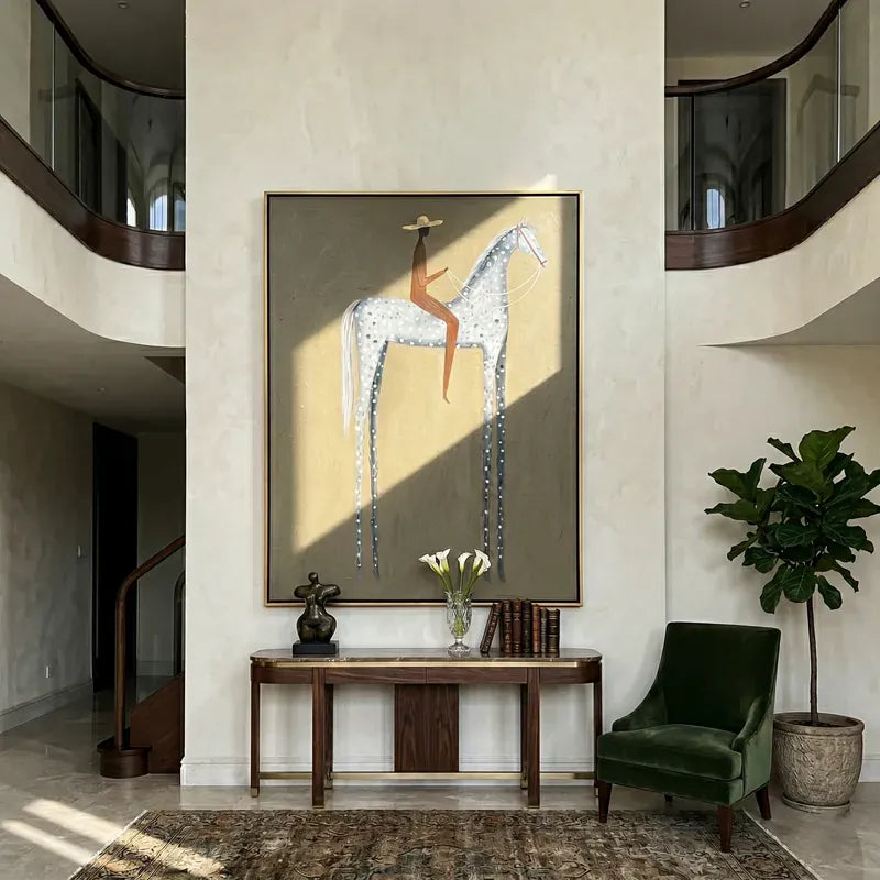 Gray Spotted Horse Rider Wall Art – Neutral Equestrian Painting#yy825058
