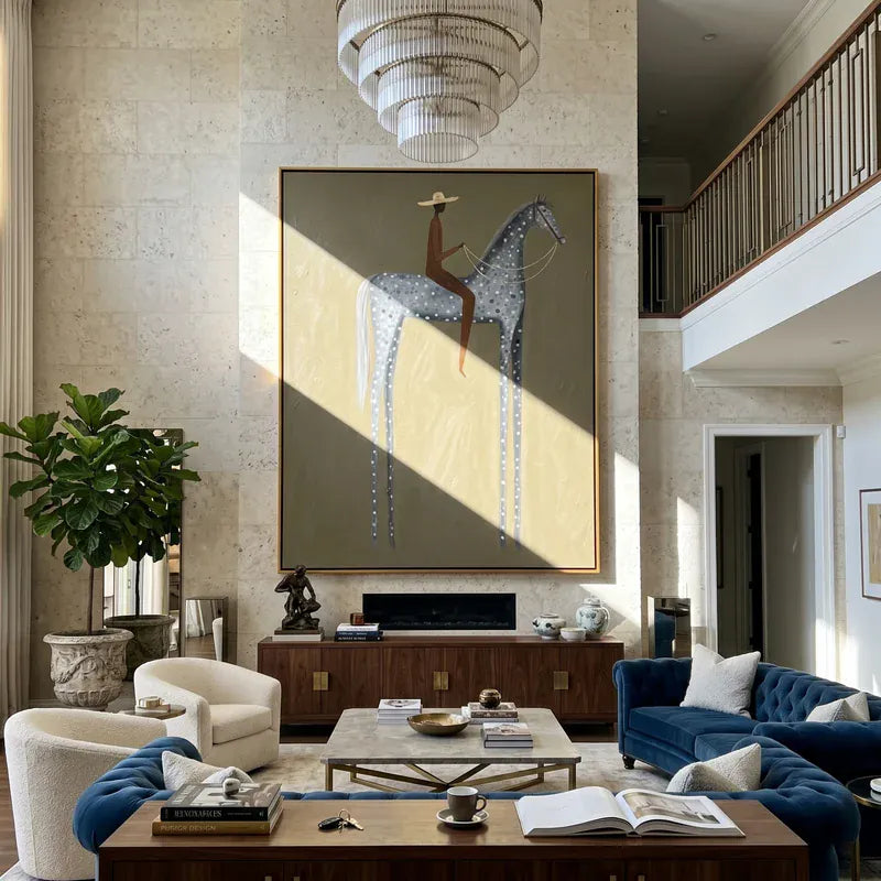 Gray Spotted Horse Rider Wall Art – Neutral Equestrian Painting#yy825058