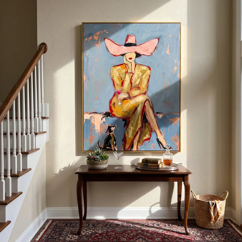 Pink Hat Cowgirl Cocktail Wall Art – Gold Dress & Black Cat#yy825061