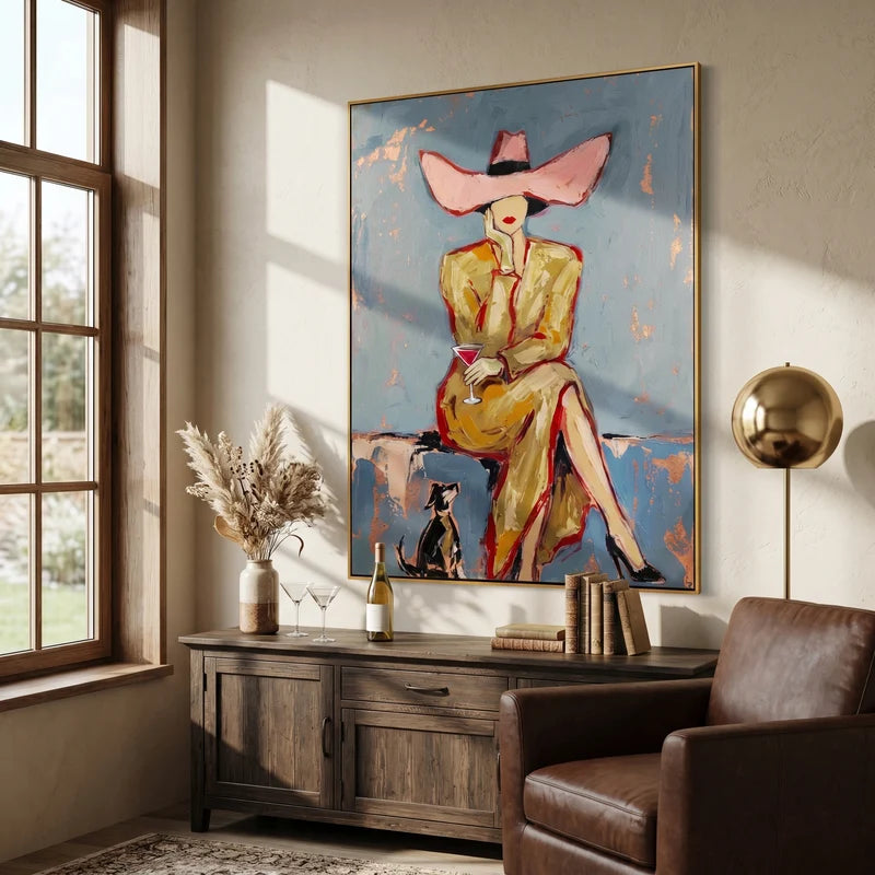 Pink Hat Cowgirl Cocktail Wall Art – Gold Dress & Black Cat#yy825061