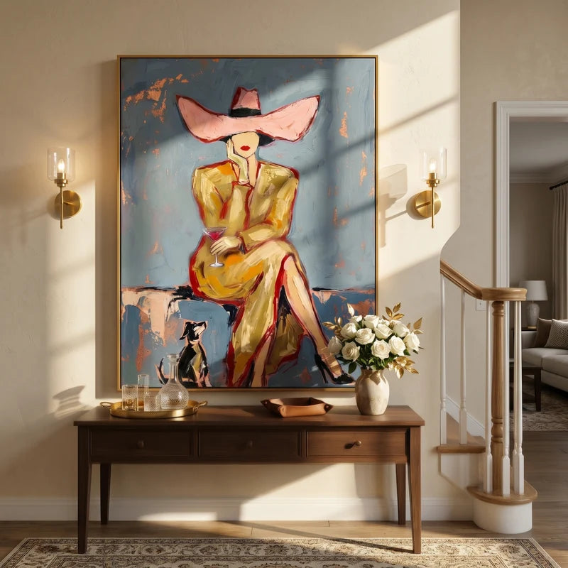 Pink Hat Cowgirl Cocktail Wall Art – Gold Dress & Black Cat#yy825061