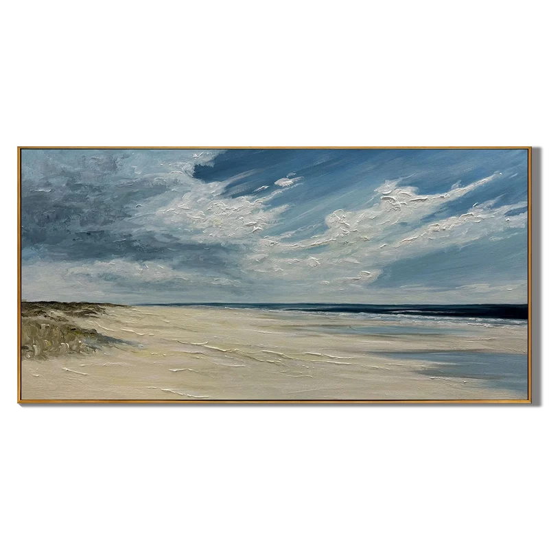 Coastal Beach Wall Art – Blue Sky & Sandy Shore Painting#yy825066